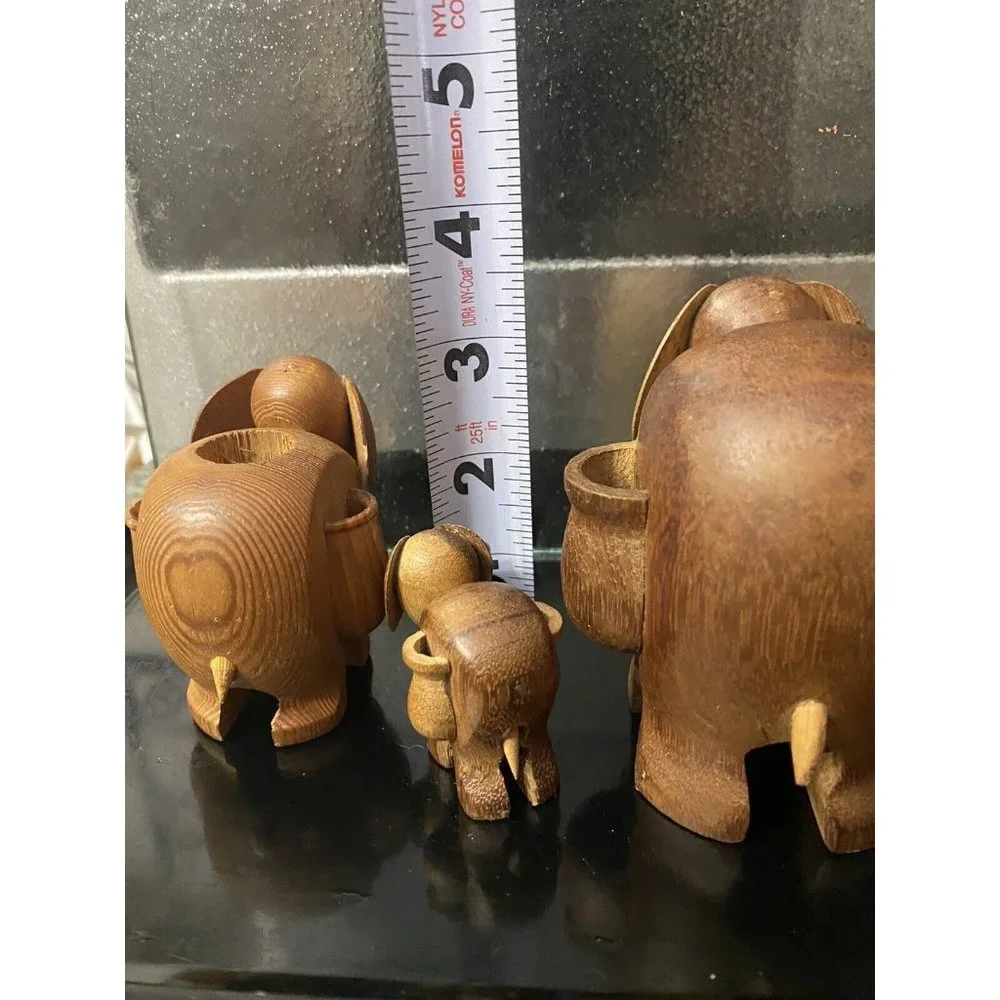 Mid‎ Century Carved Wood Elephant Toothpick Holder Taiwan Set of Three 3 Vintage